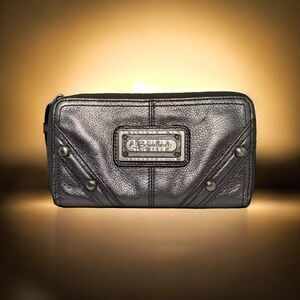 B Makowsky Leather Zip Around Wallet  Silver w Leopard Interior 8in X 4.5in